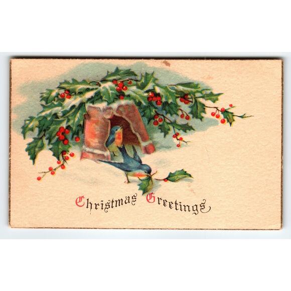 Vintage 1926 Christmas Greetings Postcard with Bluebirds & Holly - Picture 1 of 2